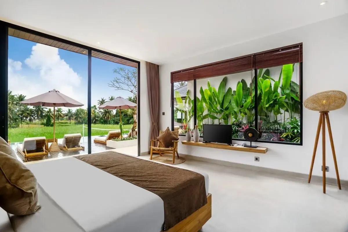 A bedroom, with its Smart TV and window planting