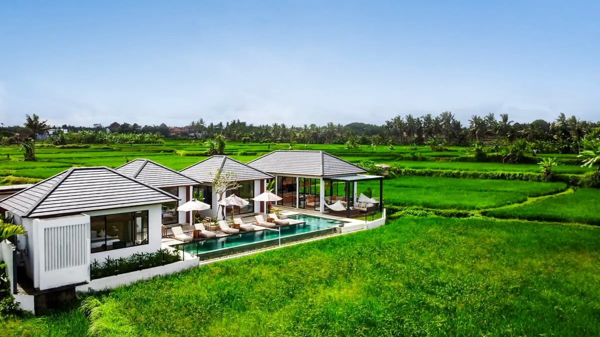 L-shaped infinity pool with in-water bar stools facing the rice terraces