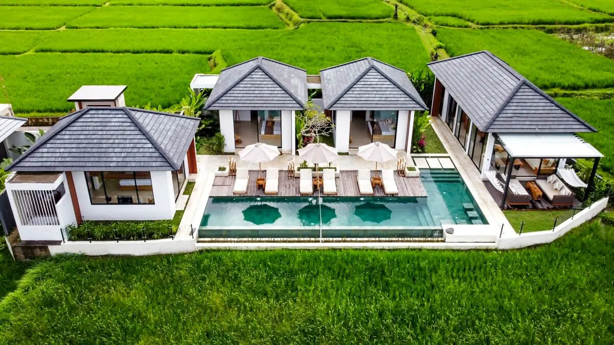 Villa Samaddhi from above, in its Peliatan rice terraces